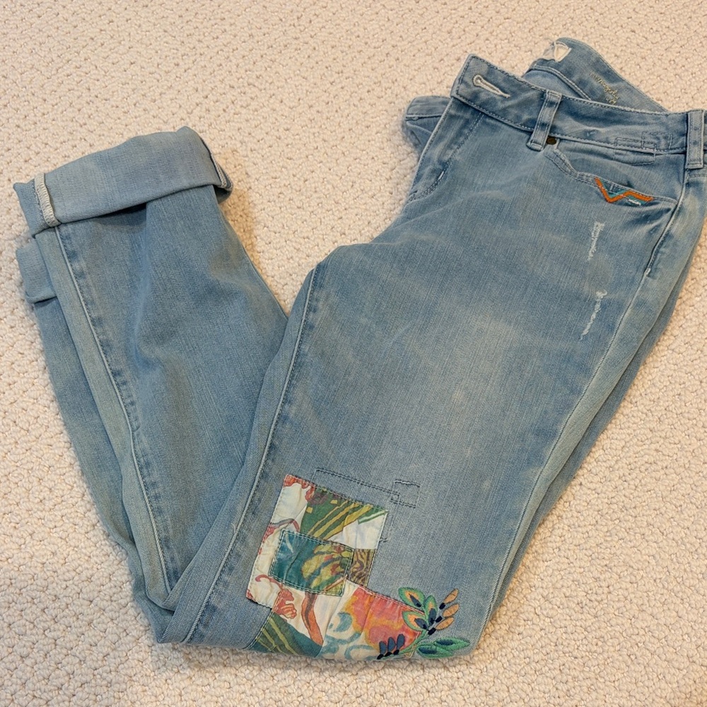 Sundance Light Blue Boyfriend Jeans with Colorful Embroidery